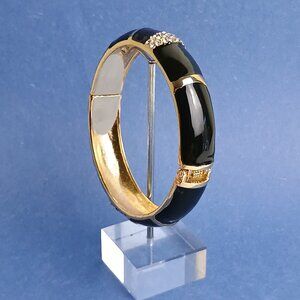 Goth Enamel Black Gold Tone Hinged Clamper Bangle Bracelet Casual Fashion